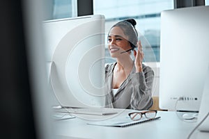 Call center, computer and woman consultant in office for online crm consultation or enquiries. Telemarketing, headset