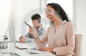 Call center, computer and woman consultant in office for telemarketing crm online consultation. Communication, customer