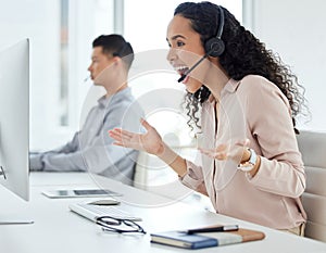 Call center, computer and wow with consultant woman in telemarketing office for online assistance or help. Contact us