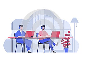 Call center concept with cartoon people in flat design for web. Vector illustration