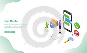 Call center concept chat with man standing customer support on the smartphone apps with modern isometric flat style - vector