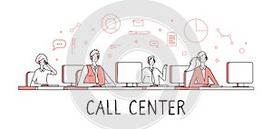 Call center concept. Customer support service help desk services. People work remotely with calls. Administrators