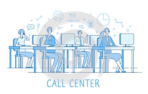 Call center concept. Customer support service helpdesk services call center computers operator supporting client vector
