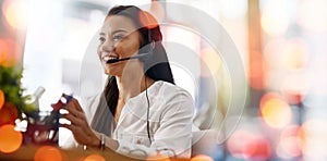Call center, consultation and woman in office with bokeh for online crm telemarketing discussion. Mockup space, contact