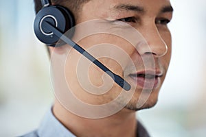 Call center, consulting and man with headset in office for customer service, advice and communication. Agent, consultant