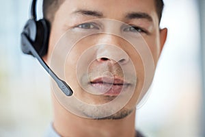 Call center, consulting and portrait of man with headset for telemarketing, advice and communication. Agent, consultant