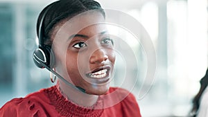 Call center, customer service and black woman in office for consulting, help and CRM support. Telemarketing, networking