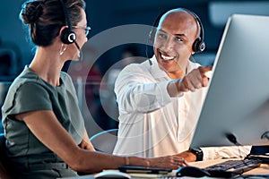 Call center, customer service and contact us, training and team leader help coworker, crm and communication at computer