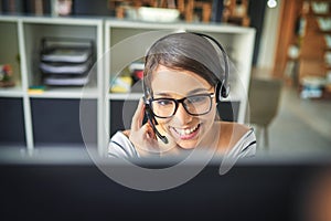 Call center, customer service and face of happy woman on computer for consulting, help and advice. Telemarketing