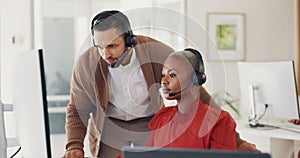 Call center, customer service and man training black woman in office. Coaching, learning and teamwork of telemarketing