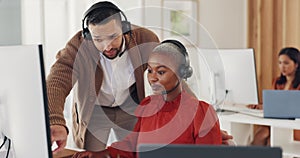 Call center, customer service and man training black woman in office. Coaching, learning and teamwork of telemarketing