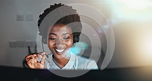 Call center, customer service and support with a business black woman using a headset for telemarketing or sales