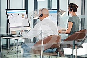 Call center, customer service team and employees on computer consulting in office. Consultants, crm helpdesk and