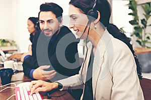 Call center and customer service team support for information operator at work.