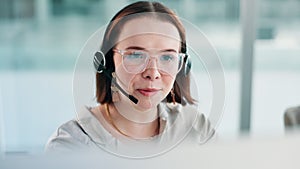 Call center, customer service and woman on computer talking for consulting, help and CRM support. Telemarketing
