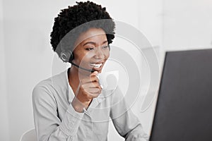 Call center, customer support and coffee with a woman consultant working on a computer in her office. Telemarketing, crm