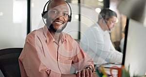 Call center, customer support and face of a black man consultant doing online consultation in the office. Customer