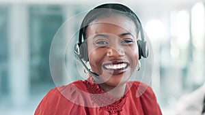 Call center, customer support and face of happy black woman for consulting, help and CRM service. Telemarketing