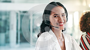 Call center, customer support and face of woman in office talking for consulting, help and CRM service. Telemarketing