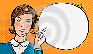 Call center, customer support, helpdesk or service concept. Beautiful young girl with headset. Pop art retro comic style