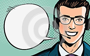 Call center, customer support, helpdesk or service concept. Man with headset. Pop art retro comic style. Cartoon illustrati