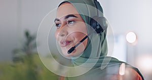 Call center, customer support and muslim woman telemarketing consultant doing a consultation online. Crm, contact us and