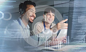 Call center, customer support overlay and team on computer for telemarketing, crm tech and networking. Communication