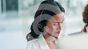 Call center, customer support and woman on computer talking for consulting, help and CRM service. Telemarketing