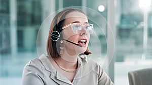 Call center, customer support and woman on computer talking for consulting, help and CRM service. Telemarketing