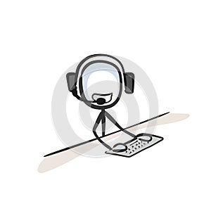 Call center. Cutomer service agent worker. Client communication by phone. Hand drawn. Stickman cartoon. Doodle sketch, Vector