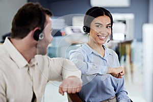 Call center, elbow bump and contact with team for communication, support and happy with hello and advice. Telemarketing