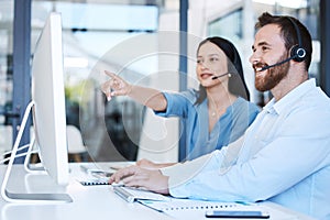 Call center employees, computer and training, team with trainer and customer service agent learning in workplace