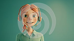 Call center female agent talking. 3d character. Front view. Young woman in green shirt with a headset. Horizontal layout