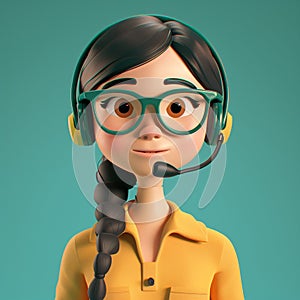 Call center female agent talking. 3d character. Front view. Young woman in yellow shirt with a headset. Customer support line