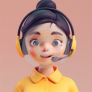 Call center female agent talking. 3d character. Front view. Young woman in yellow shirt with a headset. Customer support line