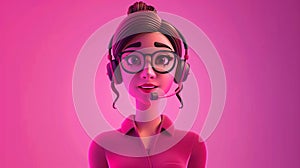 Call center female agent talking. 3d character in glasses. Front view. Woman in pink shirt with a headset
