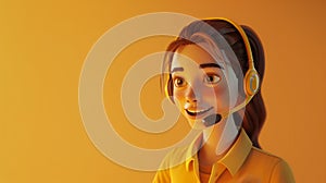 Call center female agent talking. 3d character icon. Side view. Woman in yellow shirt with a headset. Customer support line