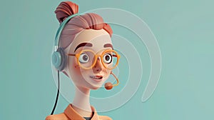 Call center female agent talking. 3d character. Young woman in glasses with a headset