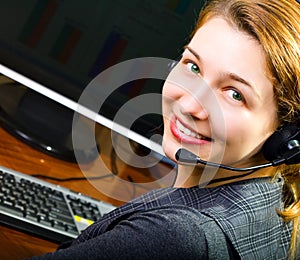 Call center female operator smiling