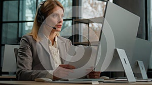 Call center female worker woman customer support service manager help line operator Caucasian businesswoman business