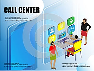 Call center. Flat illustration. Office business concept. 3d isometric vector. Communication, connection concept. Call icon symbol