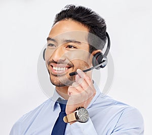 Call center, happy and Asian man with microphone for telemarketing, crm support and isolated on a white studio