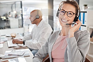 Call center, happy and consultant portrait in office for telemarketing, communication and contact us query. Working