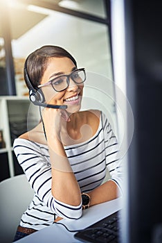 Call center, happy and woman for customer service on computer for consulting, help and advice. Telemarketing