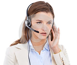 Call center, headset or woman listening in studio for communication or speaking in customer services. White background