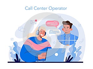 Call center or helpline. Support operator wearing headsets, talking