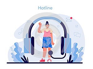 Call center or helpline. Support operator wearing headsets, talking