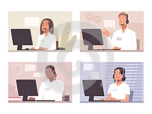 Call center. Hotline. Customer support staff with headsets, operators. Vector illustration