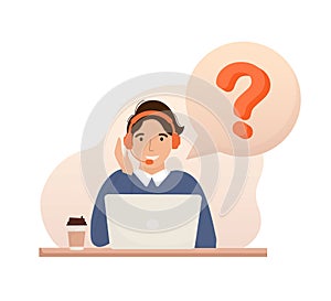 Call center, hotline flat vector illustrations. Smiling office workers with headsets cartoon characters. Character with