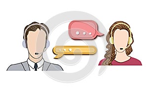 Call center icon set with man and woman in headset.